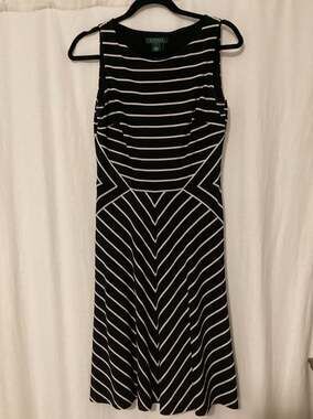 Lauren Ralph Lauren Black and White Striped Sleeveless Chevron Knit A-Line Dress